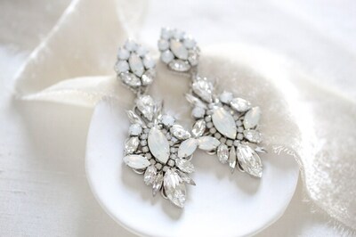 Vintage inspired crystal Bridal earrings with white opal and clear crystals, Special occasion earrings - image1